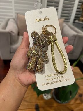 Natasha NWT Gold Crystal Teddy Bear Handbag Charm/Keyring Wristlet Charm